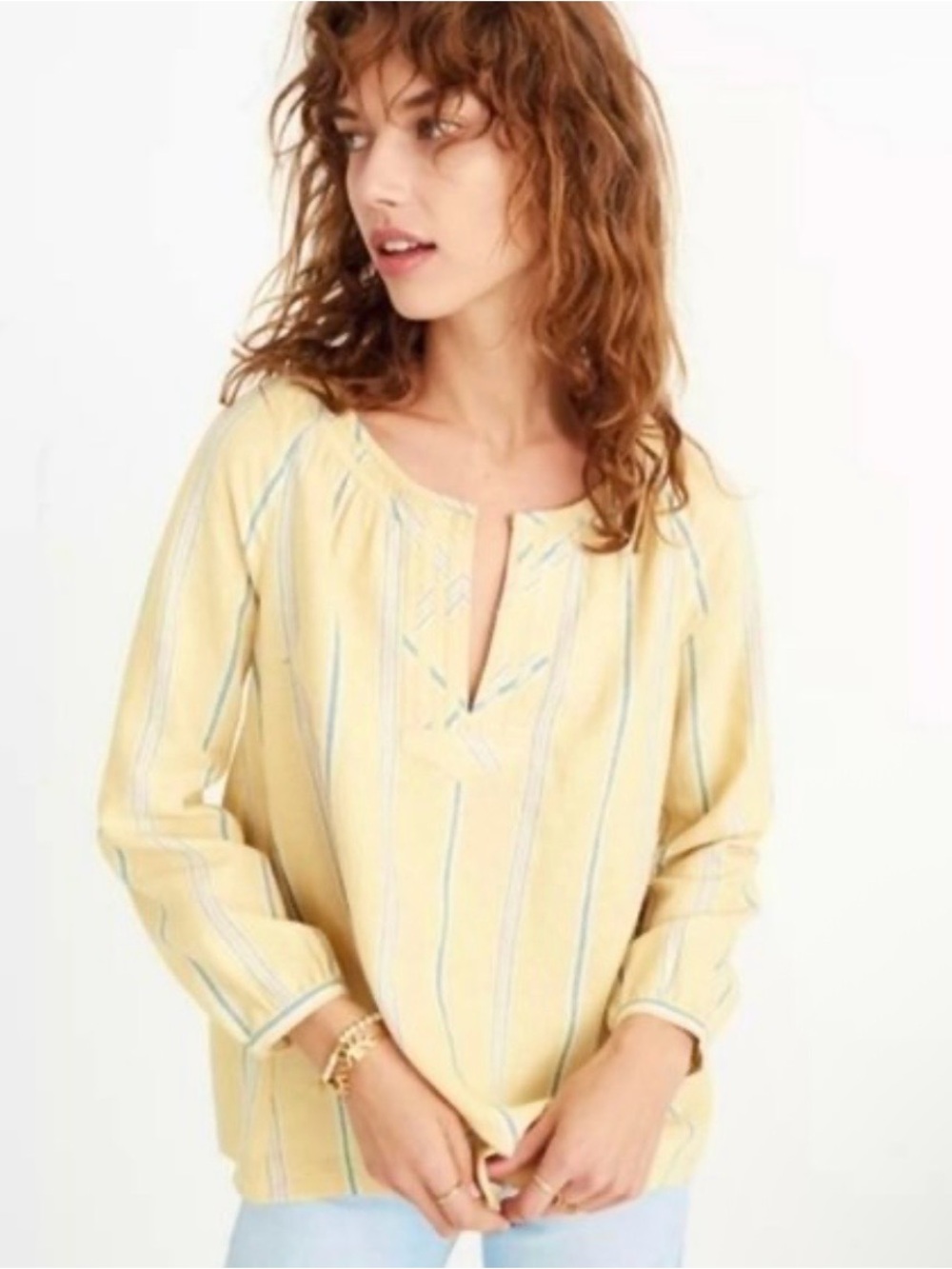 Madewell Yellow Striped Split-Neck Long Sleeve Top